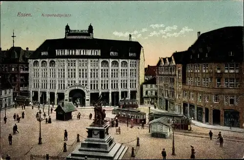 Ak Essen im Ruhrgebiet, Kopstadtplatz, Denkmal, Straßenbahnen