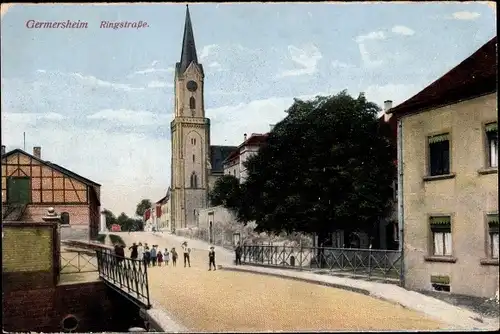 Ak Germersheim am Rhein, Partie auf der Ringstraße mit Kirche, Brücke