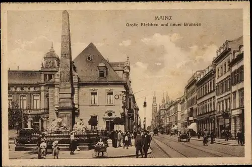 Ak Mainz am Rhein, Große Bleichen und neuer Brunnen, Straßenszene