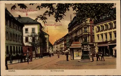 Ak Mainz in Rheinland Pfalz, Blick in die Schillerstraße, Passanten, Buchhandlung, Kutsche