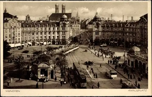 Ak München Bayern, Karlsplatz, Straßenbahn, Straßenszene