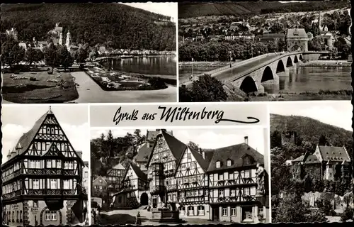 Ak Miltenberg am Main Unterfranken, Mainbrücke, Teilansicht, Brunnen, Fachwerk