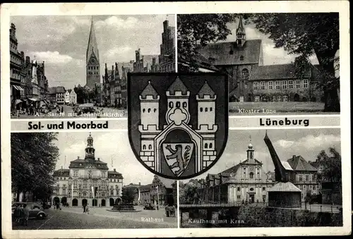 Ak Lüneburg in Niedersachsen, Kloster Lüne, Rathaus, Kaufhaus mit Kren, Wappen, Johanniskirche