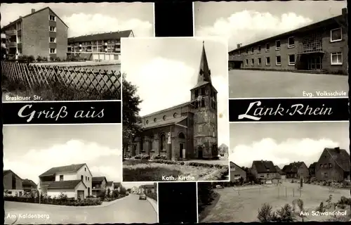 Ak Lank Latum Meerbusch am Niederrhein, Ev. Volksschule, Am Schwanenhof, Kath. Kirche