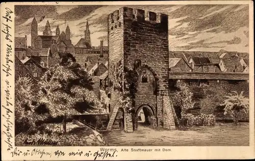 Künstler Ak Müllers, Rudi, Worms am Rhein, Alte Stadtmauer mit Dom, Turm mit Eingangstor