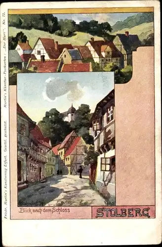 Künstler Ak Bahndorf, Stolberg Südharz, Blick nach dem Schloss, Straßenpartie, Fachwerkhäuser
