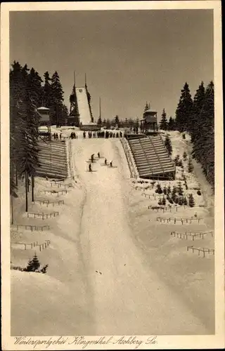 Ak Aschberg Klingenthal im Vogtland Sachsen, Curt A. Seydel Schanze, Skifahrer