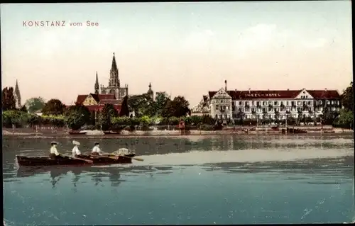 Ak Konstanz am Bodensee, Panorama vom See, Ruderboot, Kirche