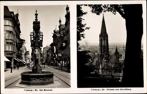 Ak Freiburg im Breisgau, Got. Brunnen, Münster vom Schloßberg