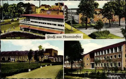Ak Neumünster in Holstein, Partie am Teich, Textilfachschule, Holstenhalle, Badeanstalt