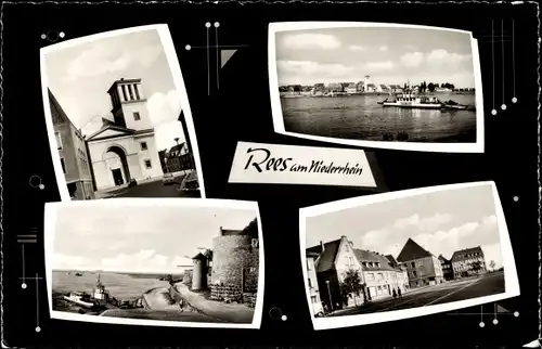 Ak Rees am Niederrhein, Fähre, Straßenszene, Turm mit Tordurchgang, Burgtürme