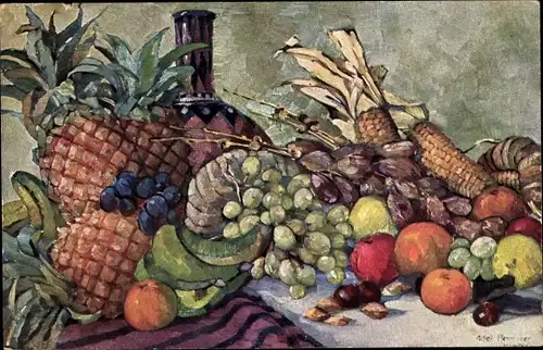Künstler Ak Früchte aus deutschen Kolonien, Mais, Ananas, Bananen, Kolonialkriegerdank