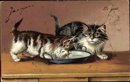 Litho Zwei Katzen mit Milchschale, le gout