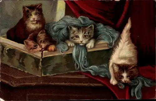 Litho Vier kleine Katzen, Kiste mit Wolle