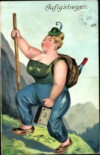 Präge Litho Aufigstiegen, Bergsteigerin im Gebirge