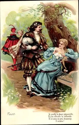 Präge Ak Faust, Gretchen auf einer Bank, Mephisto