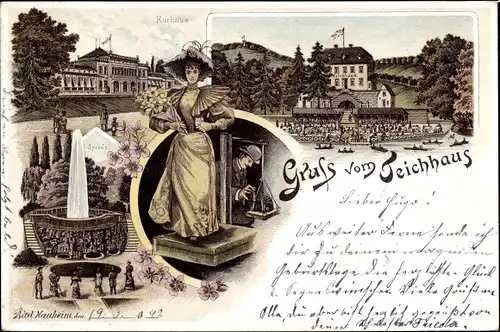 Litho Bad Nauheim im Wetteraukreis Hessen, Teichhaus, Kurhaus, Sprudel, Frau auf einer Waage