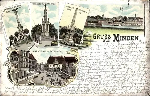 Litho Minden in Ostwestfalen Lippe, Stadtansichten, Marktplatz, Rathaus, Denkmal, Panorama