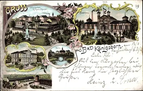 Litho Königsborn Unna im Ruhrgebiet, Badehaus, Kurhaus, Theater, Logierhaus z. Adler