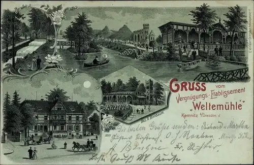 Mondschein Litho Dresden Cotta Kemnitz, Vergnügungsetablissement Weltemühle