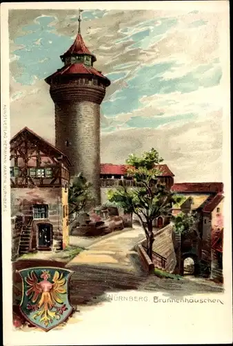 Präge Wappen Künstler Litho Nürnberg in Mittelfranken Bayern, Brunnenhäuschen