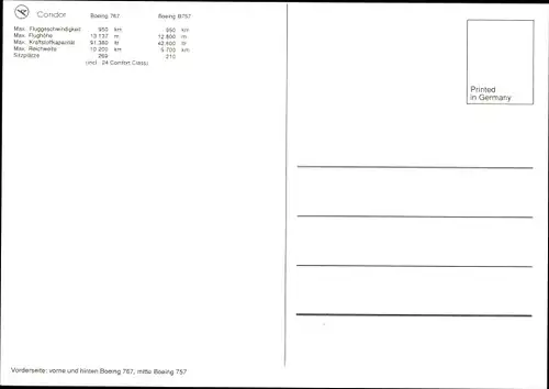 Ak Deutsche Passagierflugzeuge Condor, Boeing 767, B 757