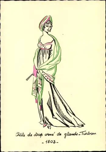 Künstler Ak James, Genevieve, La Parisienne au XIXe Siecle, Chale de drop orne de glands Turban 1803