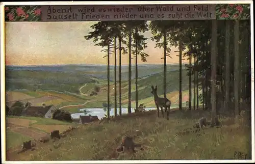 Lied Künstler Ak Hey, Paul, Volksliederkarten Nr 65, Abend wird es wieder, Reh