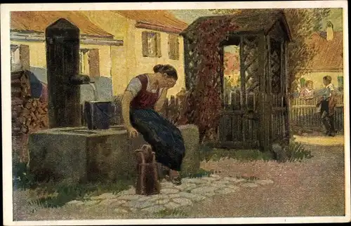 Lied Künstler Ak Hey, Paul, Volksliedkarte Nr 34, Jetzt geh i ans Brünnele, Frau verzweifelt