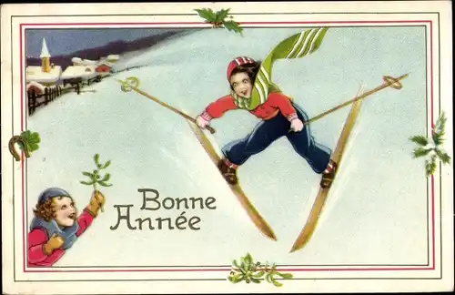 Ak Glückwunsch Neujahr, Skispringer, Mistelzweige, Hufeisen