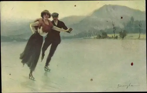 Künstler Ak Liebespaar beim Schlittschuhlaufen