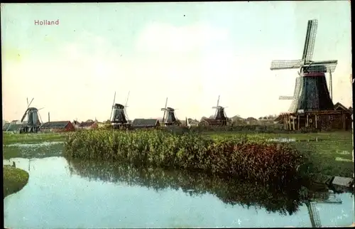 Ak Holland, Fünf Windmühlen, Wasserpartie, Felder