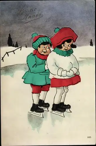 Ak Glückwunsch Neujahr, Kinder beim Schlittschuhlaufen