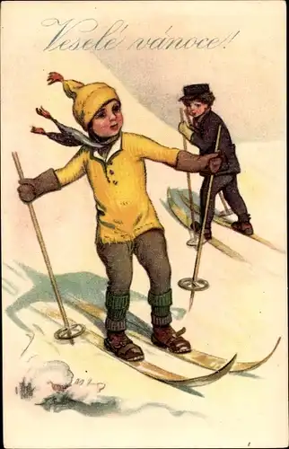 Ak Glückwunsch Weihnachten, Jungen fahren Ski, Vesele vanoce