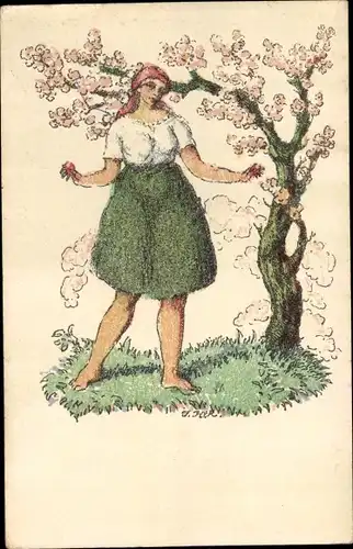 Ak Glückwunsch Ostern, Bäuerin am Obstbaum