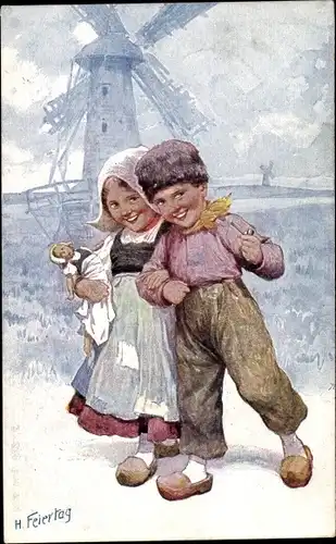 Künstler Ak Feiertag, Karl, Kinder in niederländischer Tracht, Windmühle, Puppe