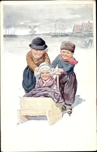 Künstler Ak Feiertag, Karl, Kinder auf Schlitten, Eisläufer