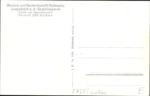 Ak Langscheid Sundern Sauerland, Pension und Gastwirtschaft Feldmann an der Sorpetalsperre