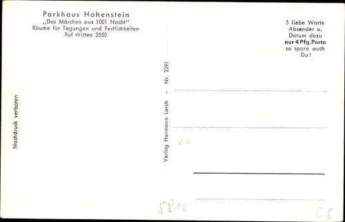 Ak Witten an der Ruhr, Parkhaus Hohenstein, Gesamtansicht, Terrasse