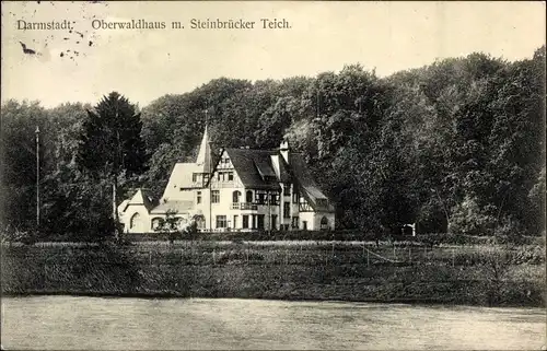 Ak Darmstadt in Hessen, Oberwaldhaus mit Steinbrücker Teich