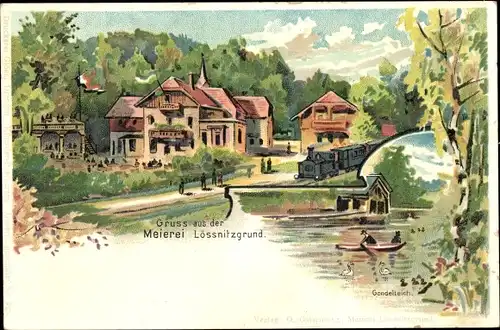 Litho Kötzschenbroda Radebeul in Sachsen, Meierei im Lößnitzgrund, Eisenbahn, Ruderer
