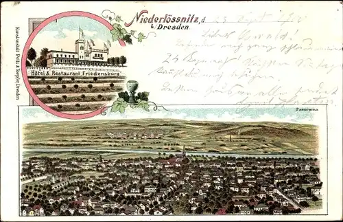 Litho Niederlössnitz Radebeul Sachsen, Hotel und Restaurant Friedensburg, Panorama