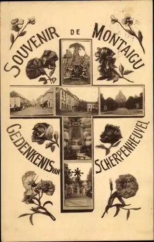 Ak Montaigu Scherpenheuvel Flämisch Brabant, Detailansichten, Kreuz, Blumen, in Gedenken