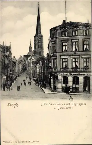 Ak Lübeck in Schleswig Holstein, Hotel Skandinavien mit Engelsgrube und Jacobikirche