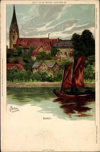 Künstler Litho Bilse, Ostseebad Borby Eckernförde, Ortsansicht, Segelboot