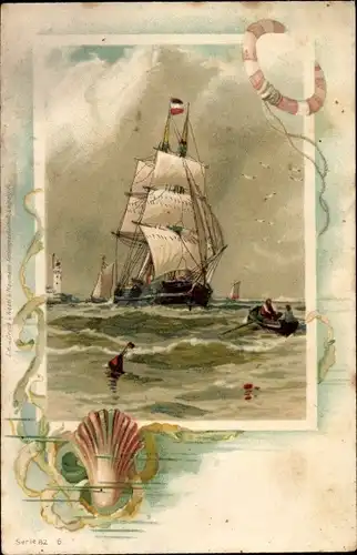 Litho Segelschiff auf dem Meer, Muschel