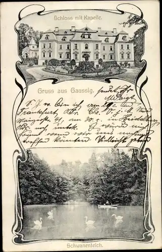 Ak Gaußig in der Oberlausitz, Schloss mit Kapelle, Schwanenteich