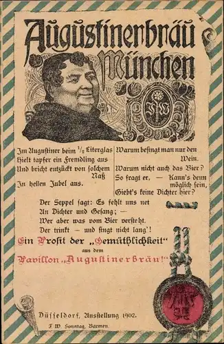 Ak Düsseldorf am Rhein, Ausstellung 1902, Augustinerbräu München, Reklame