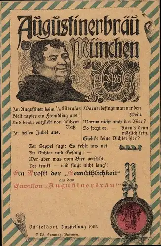 Ak Düsseldorf am Rhein, Ausstellung 1902, Augustinerbräu München, Reklame