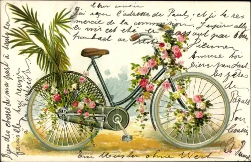 Litho Mit Blumen geschmücktes Fahrrad